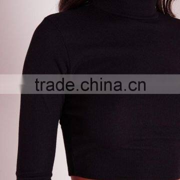 2016 Custom Ladies High Neck Long Sleeve Black Ribbed Crop Top photo-4