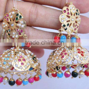 JADAU GOLD PLATED Dangler MULTICOLOR JHUMKA TEMPLE EARRINGS Real Look photo-3
