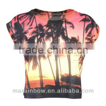 100% cotton Palm Tree Sublimation Printed Crop Top,fashion T shirts for women