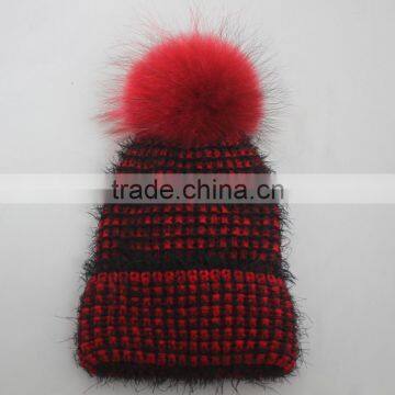 Myfur Red And Black Customized Adult Wool Beanie Hat With Real Fur Bobble photo-2