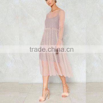 Lvdong 2017 Summer Women Long Sleeve Mesh Dotted Sexy Midi Dress photo-3