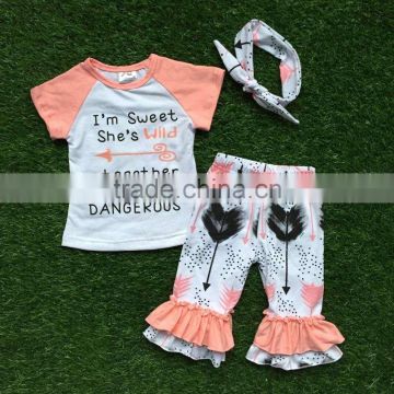 baby girls boutique summer outifits I'm sweet she's wild clothing girl short sleeve feather ruffle capri sets with accessories