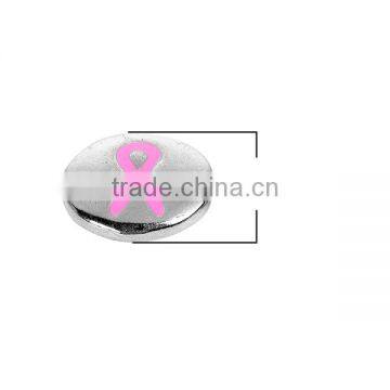 Zinc Based Alloy Spacer Beads Flat Round Silver Tone Pink Ribbon Enamel