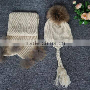 Hot knitted women winter hat scarf set popular fashion raccoon fur pompom design