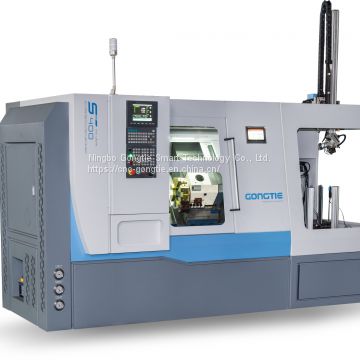 CNC lathe with rotary work stocker