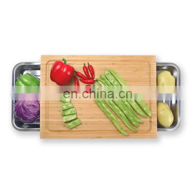 Bamboo Cutting Chopping Block Board With Containers Stainless Steel Tray Drawer for Kitchen Easy Waste Removal & Food Prep