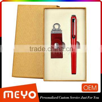 Red gift set with USB flash drive key and capped ball pen for promotion