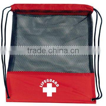 Recycle nylon rope mesh pocket drawstring bags supplier