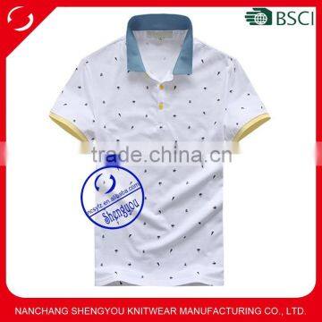 Custom mens allover printed polo shirt with color collar and cuffs