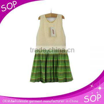 One piece girls casual green striped dress with upper cream chiffon fabric