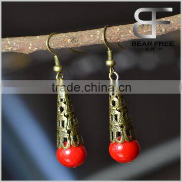 Dangling Vintage Brass Silver color Red Beads Drop Earrings for Women