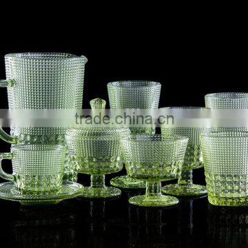 press drinking wine glass embossed--square patern, tumbler,coffee set, sugar bowl in recycle green color