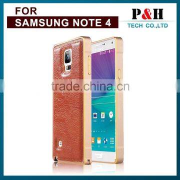 Genuine Leather Cover Case Aluminium Alloy Metal Bumper for Samsung Galaxy Note4