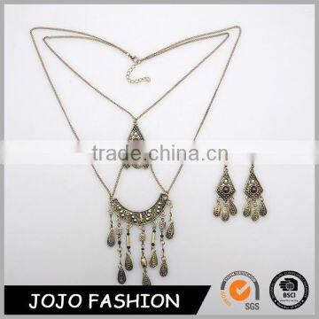 Hot sale classical ethnic style statement long two layers necklace pendant earrings brassiness jewelry set                        
                                                                                Supplier's Choice