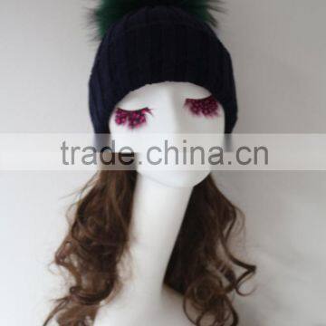 Winter Warm Large Dark Green Raccoon Fur Pompom Knitted Wool Hat