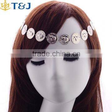 Vintage Girls Coin Shaped Silver Plated Metal Hair Chains Elastic Band Hair Accessories 2016
