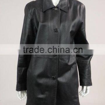 womens leather coat - black Womens coat black leather long 4 button insulated