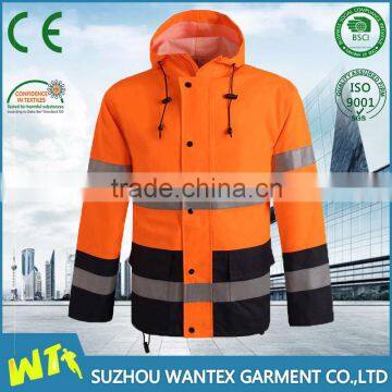 high visibility fluorescent woodland raincoat with reflective stripes