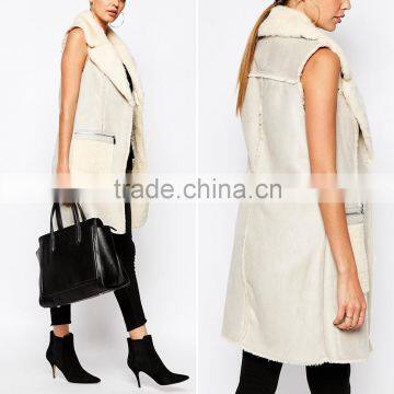 Women leather collar with off white woolen sleeveless coat