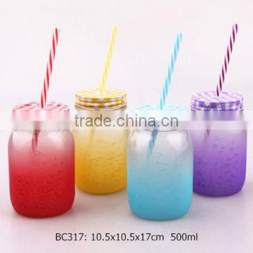 Glass Mason Jar With Sprayed Color and Colorful Plastic Straw