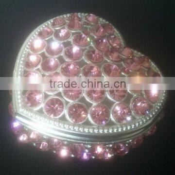 luxury jeweled small metal alloy trinket box with pink crystals