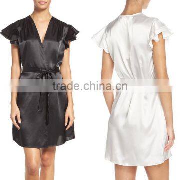 Latex Design Wholesale Satin Robe Shirred Shoulders Double Layer Sweet Style Fashion Ladies Night Sexy Party Dress Wrap Robe