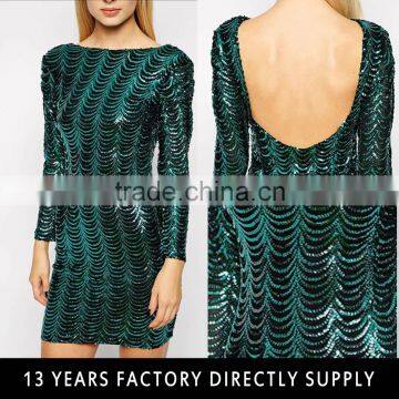 2015 hot fashion Emerald Green low back long sleeve evening dress