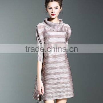 Women Striated Polo Neck Casual Pleated Dresses photo-4