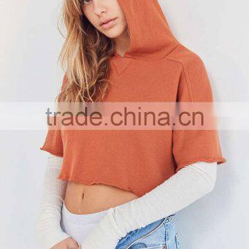 2017 MGOO Raw Edged Sweatshirt With Hood Double Layered Sleeve Custom Cotton Terry Crop Hoodies