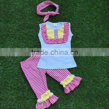 2016 Summer design girls baby 2-7 years old girls hot pink strpies clothing Capri outfit child clothing with matching headband