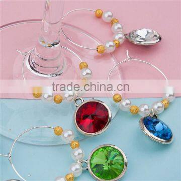 Glass Birthstone Hoop Earrings Gold Plated Acrylic Imitation Pearl Round At Random Rhinestone Wine Glass Charm For Party photo-2
