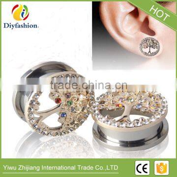 Popular Colorful Diamond Stainless Steel Hollow Out Tree Pierced Ear Plug