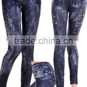 sexy floral pattern denim printed skinny elastic leggings pants