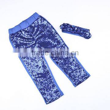 Baby Girl Blue shiny Leggings Sequin Fabric gold Pant Wholesale Kids sequins Pants with blue solid sequins headband