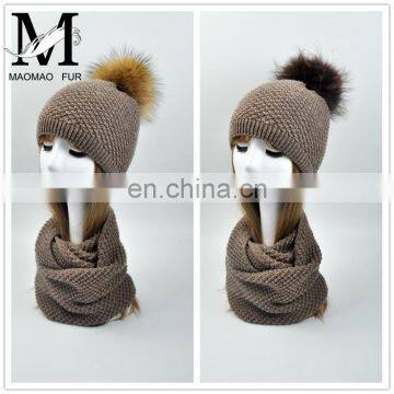 Wholesale Knitted Scarf Women Raccoon Fur Ball Winter Hat All in One Hat and Scarf photo-6
