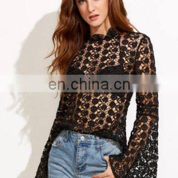 Wholesale Latest Fashion tops Black Open Back Sleeve Hollow Out Crochet