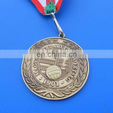 ANTIQUE SILVER CUSTOM SOCCER GAME AWARD MEDAL WITH RIBBON