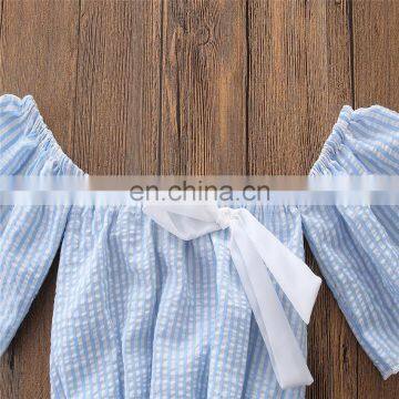 Kids Off-shoulder Outfits Girls Short Sleeve Blue Tops + Long Pant 2pcs Set Summer Costume photo-4