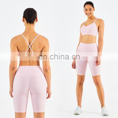 Ribbed Seamless Yoga Short Set Women Summer Activewear Sports Fitness Gym Yoga Bra Cross Back photo-4