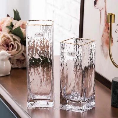 Wholesale Home Hotel Gold Edged Decorative Square Clear Colored Cube Hydroponic Bud Glass Vase for Flower