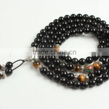 8mm Multilayer Yellow Tiger Eye and Black Obsidian Malas Prayer Beads Bracelet photo-4