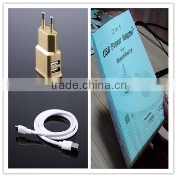 OEM black white gold logo printing us eu 1.5a dual usb charger for blackberry with micro cable and paper box