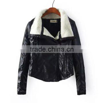 new arrival 2015 fashion pu leather jacket with lambswool collar
