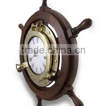 Wooden Ship Wheel Clock Brass Porthole Nautical Wall Clock 2040