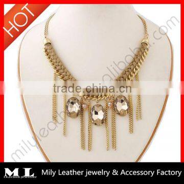 MLAE013-2 Alloy gold plated three diamond gold braided reop big crystal chain necklace