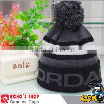 OEM custom knit striped beanie with pom pom embroidery knitted beanie hat