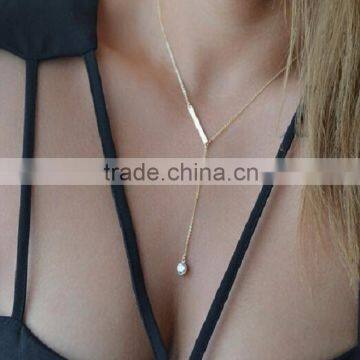 Beautiful Simple Design Metal Strip Crystal Gem Pendant Necklace photo-2