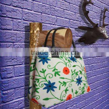 RTHHB-8 Fabulous Canvas Flowers Leaf Embroidery Uzbek Suzani semi leather handled tote shopping bags embroidery Manufacturers