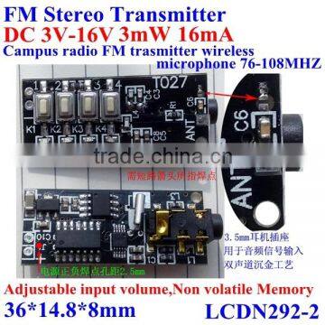 New Product ! FM stero transmitter module/board dc3-16v 3mw 16mA,power-off memory function ,76-108Mhz,adjustable input volume