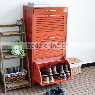 Red Color Solid Wood Shoe Cabinet With 3 Layers